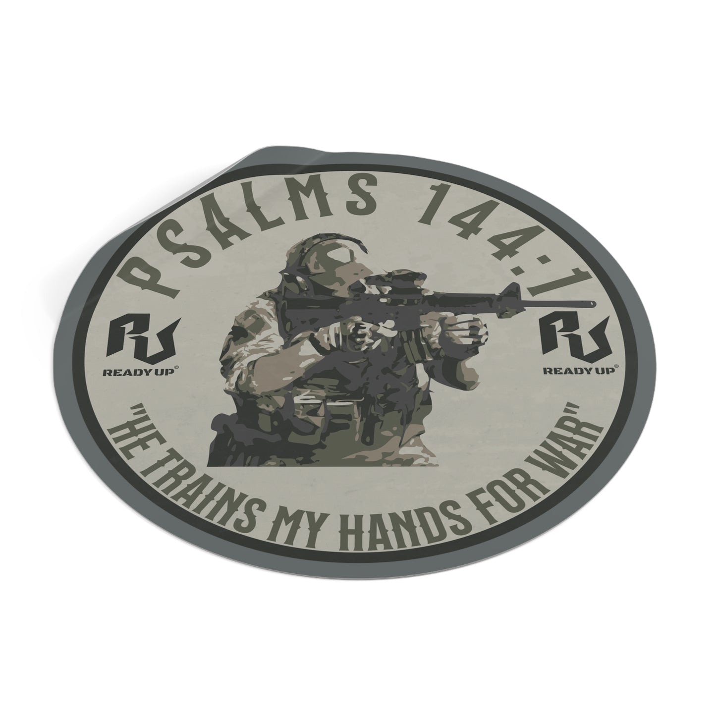 He Trains My Hands For War – Psalms 144:1 Round Vinyl Sticker