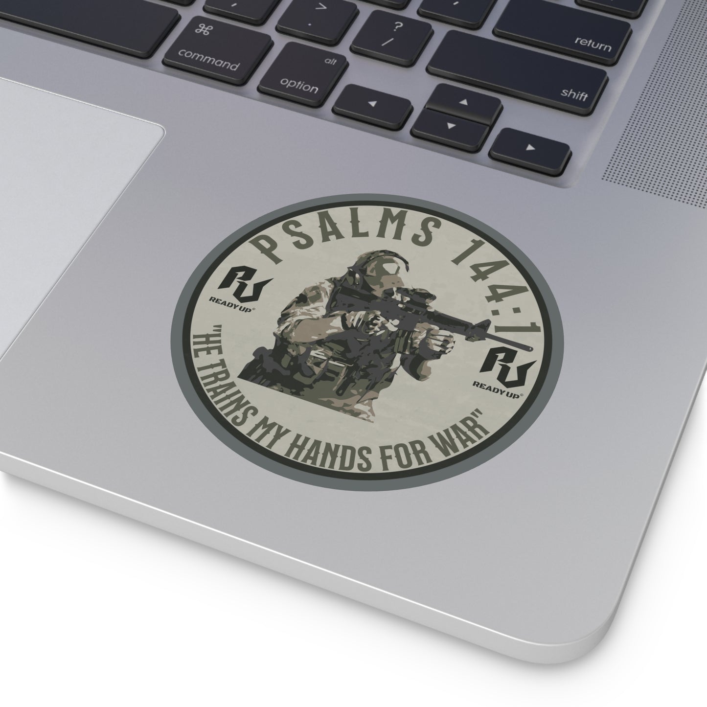 He Trains My Hands For War – Psalms 144:1 Round Vinyl Sticker