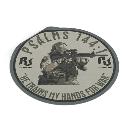 He Trains My Hands For War – Psalms 144:1 Round Vinyl Sticker