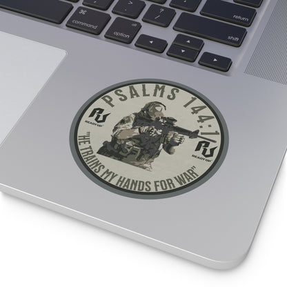 He Trains My Hands For War – Psalms 144:1 Round Vinyl Sticker